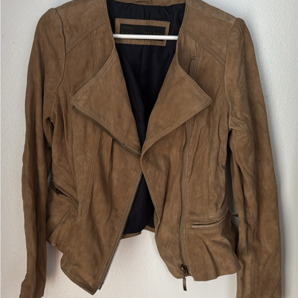 Zara Tan Suede Motorcycle Jacket with Cropped Fit, Ruffled Trim & Draped Collar